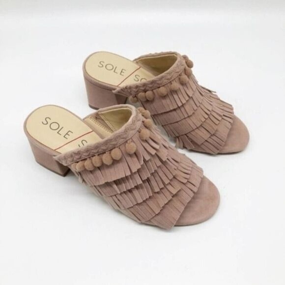 SOLE SOCIETY Harriet Pink Fringe Pompom Mules - Picture 2 of 7